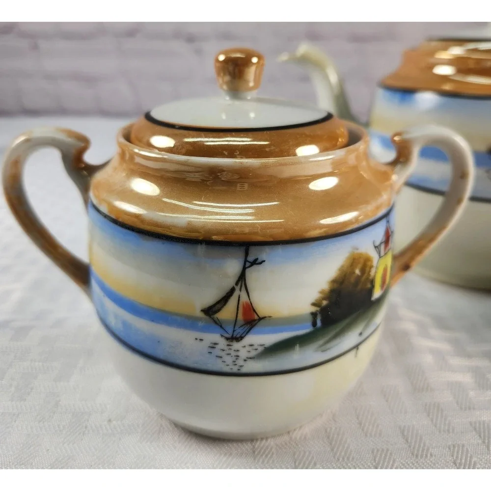 Vtg Hand Painted Pagoda Boat Lake Teapot Set Cream & Sugar Japan Luster 1915